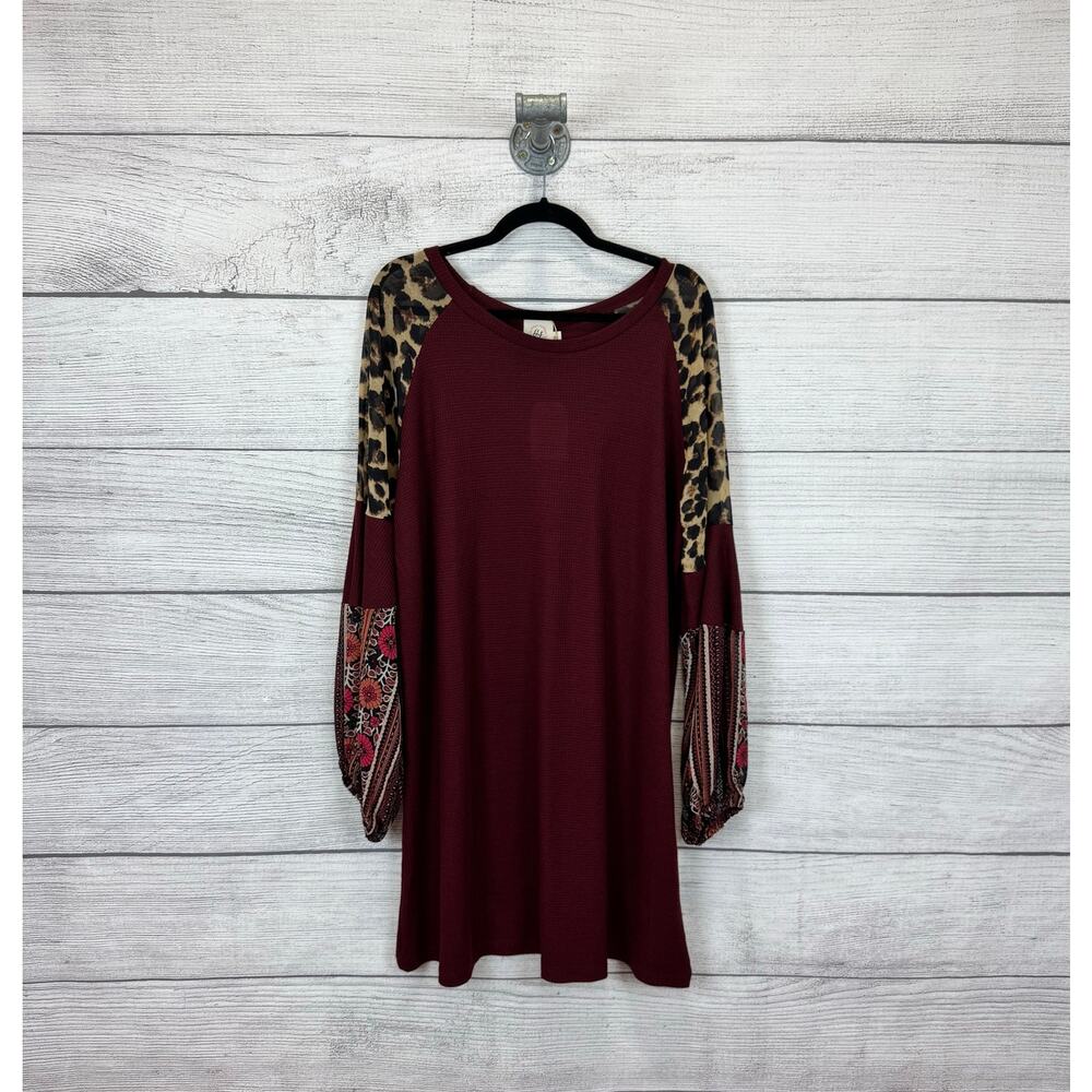 Grace & Emma Plus Size Leopard Maroon Waffle Knit Tunic Dress Size 2XL
